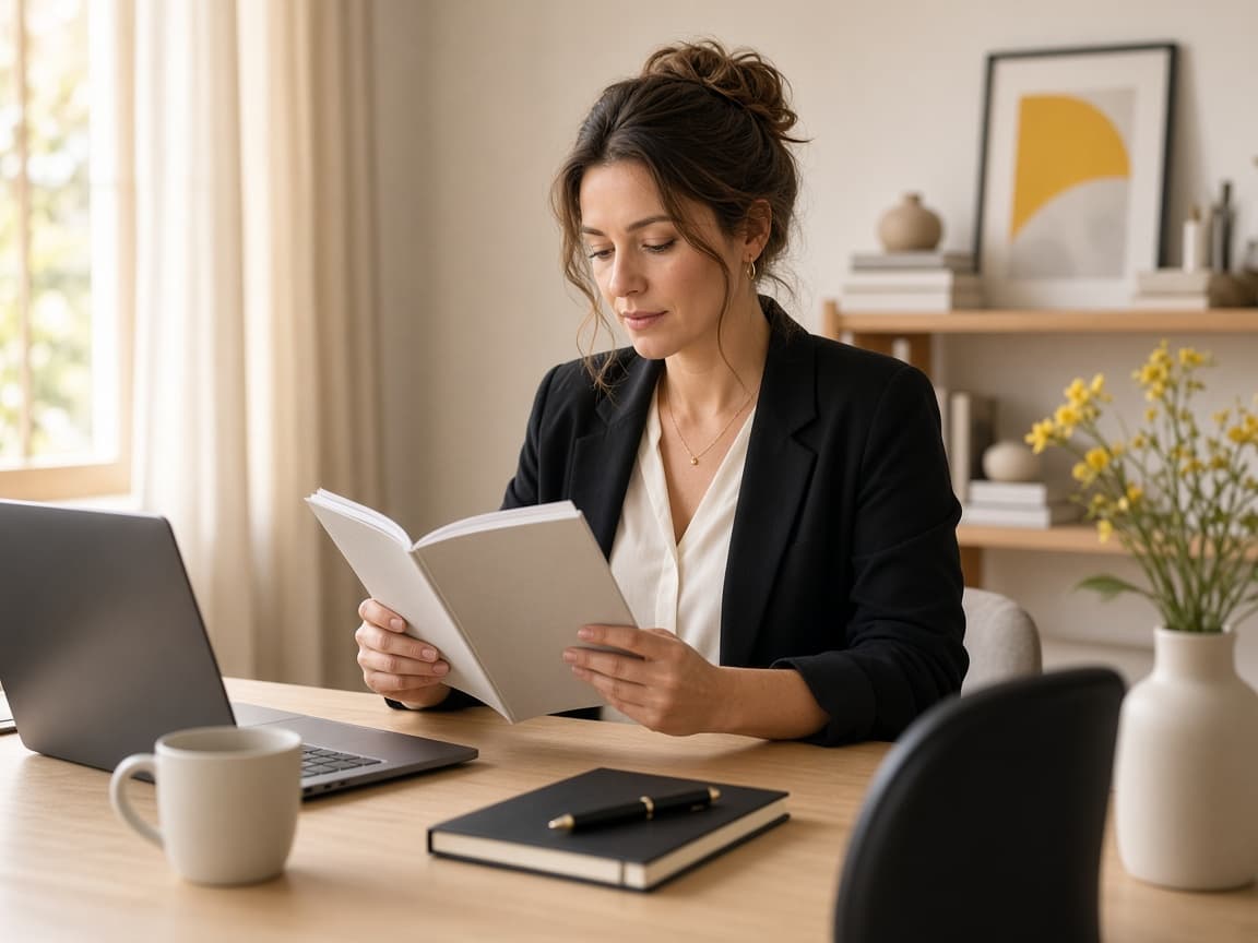 Consultante lisant un guide professionnel à son bureau