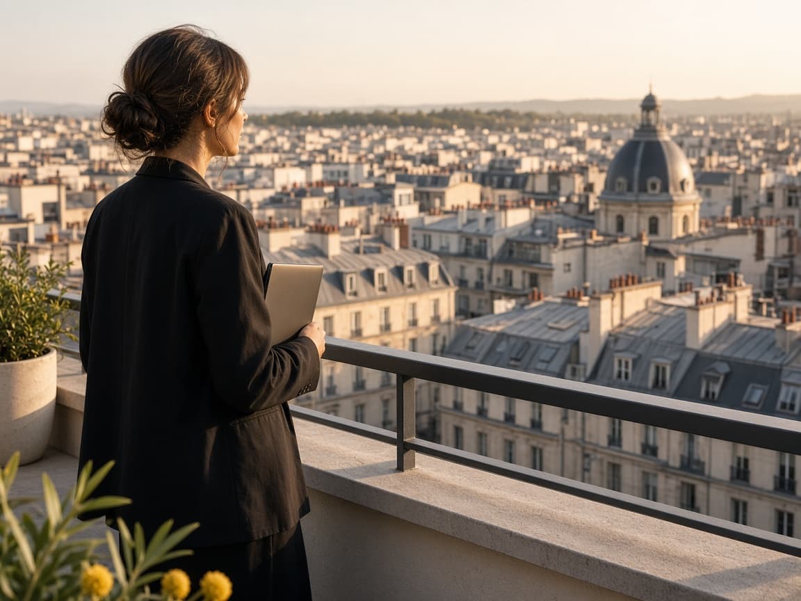 Consultante observant une ville française depuis une terrasse